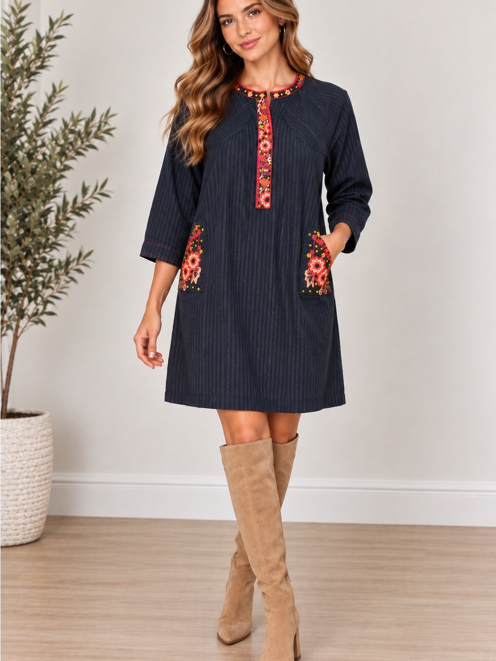 Limelight Navy Mini Dress with Red Floral Embroidery